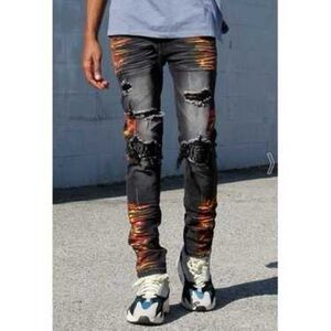 KDNK Men’s Distressed Black and Orange Skinny Jeans Size 30